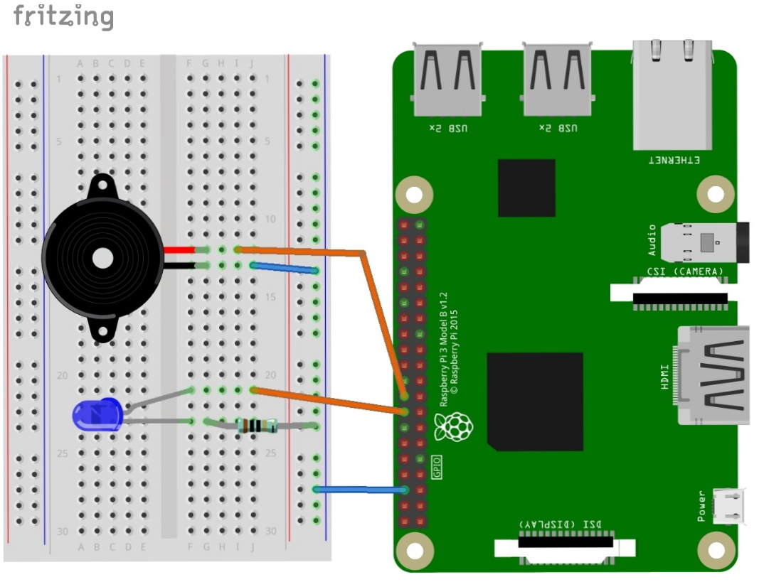 Der Schaltplan: Buzzer und LED am Raspberry Pi anschließen